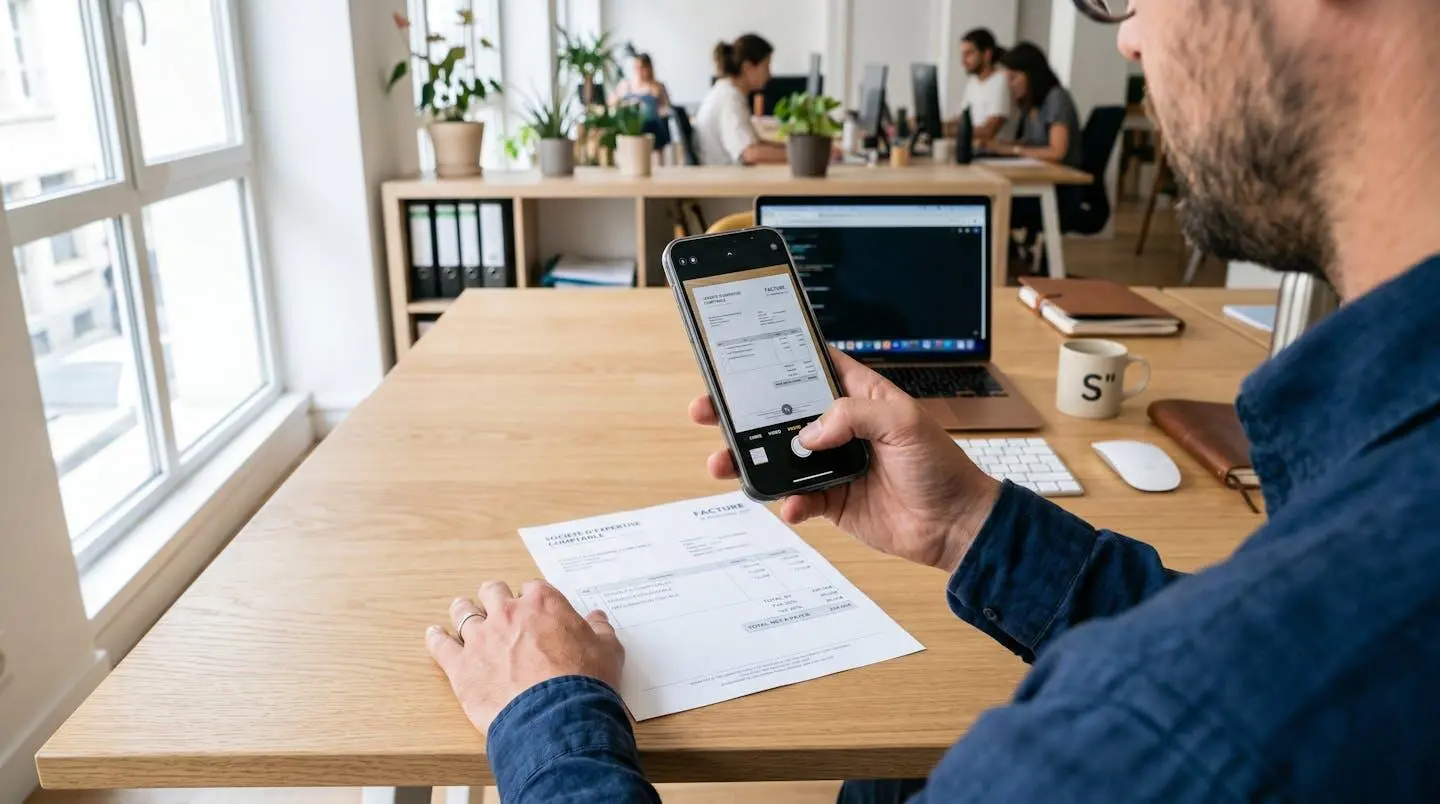 Personne photographiant un justificatif de charges avec un smartphone au-dessus d'un bureau moderne