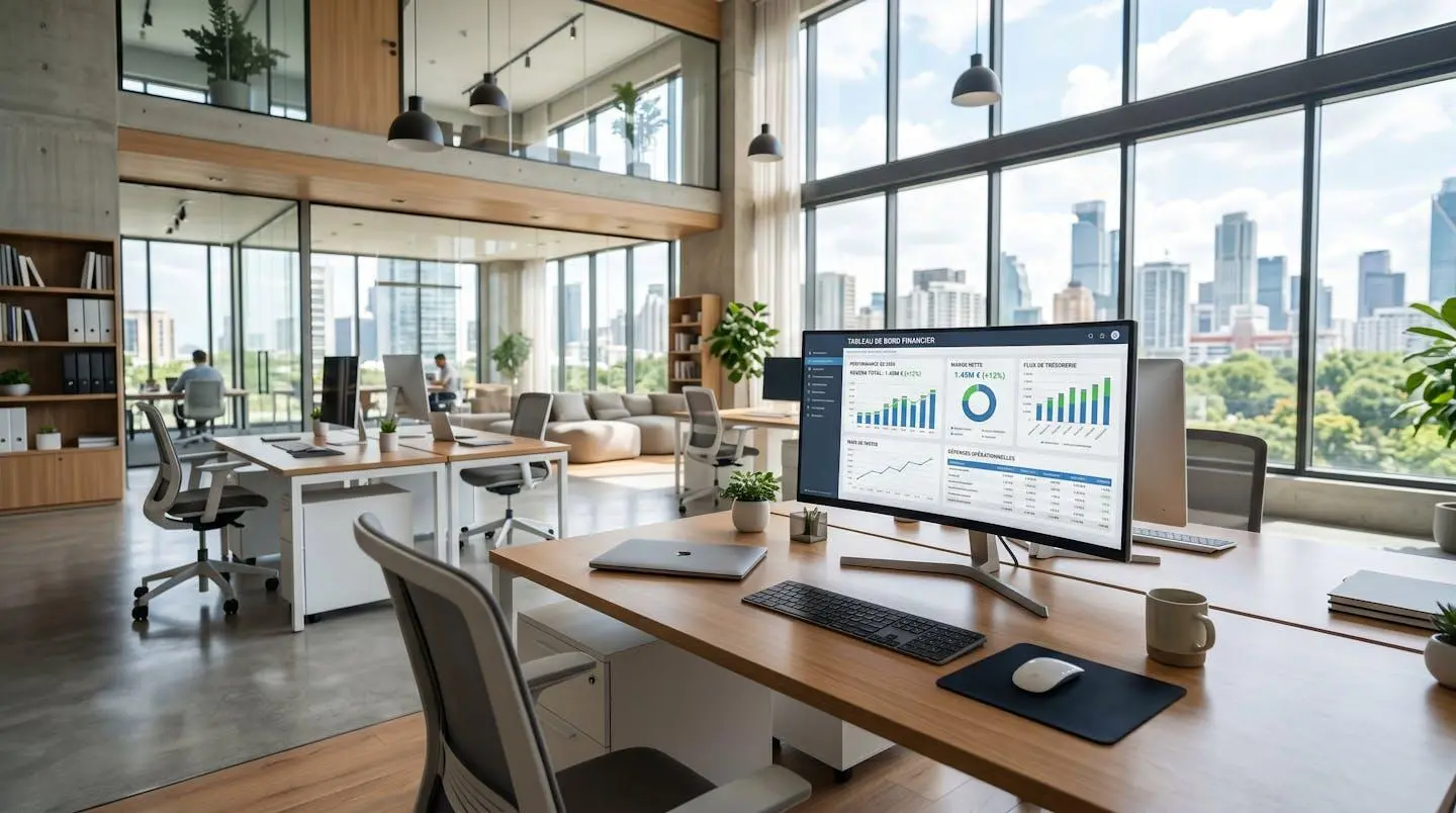 Bureau moderne épuré avec un grand écran affichant un tableau de bord de gestion financière dans un environnement professionnel lumineux