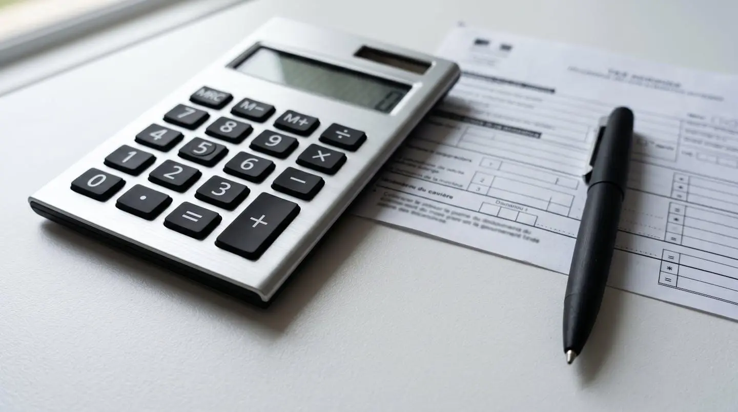 Gros plan sur une calculatrice moderne posée sur des documents administratifs floutés, avec un stylo noir à côté, sur un bureau blanc épuré éclairé par une lumière naturelle latérale