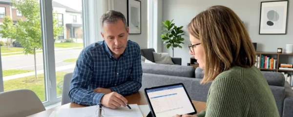 Un couple de quarante-cinq ans assis côte à côte à une table de salon, consultant ensemble des documents administratifs et une tablette, dans un intérieur moderne baigné de lumière naturelle