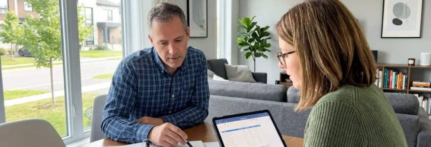 Un couple de quarante-cinq ans assis côte à côte à une table de salon, consultant ensemble des documents administratifs et une tablette, dans un intérieur moderne baigné de lumière naturelle