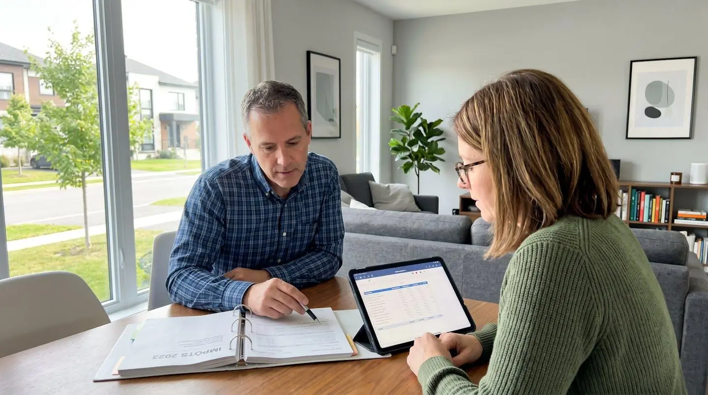 Un couple de quarante-cinq ans assis côte à côte à une table de salon, consultant ensemble des documents administratifs et une tablette, dans un intérieur moderne baigné de lumière naturelle