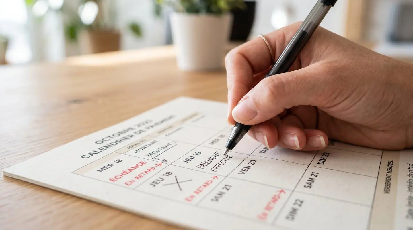 Gros plan sur une main annotant un calendrier financier papier avec des mentions de relances clients et échéances dépassées en français