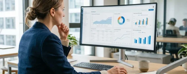 Une responsable financière vue de dos consulte un tableau de bord de trésorerie sur un écran d'ordinateur dans un bureau moderne lumineux