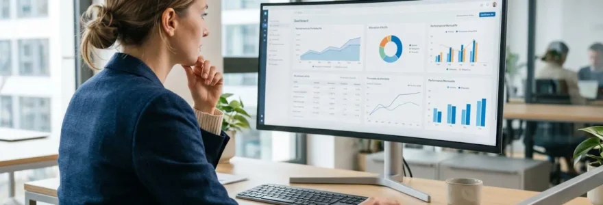 Une responsable financière vue de dos consulte un tableau de bord de trésorerie sur un écran d'ordinateur dans un bureau moderne lumineux