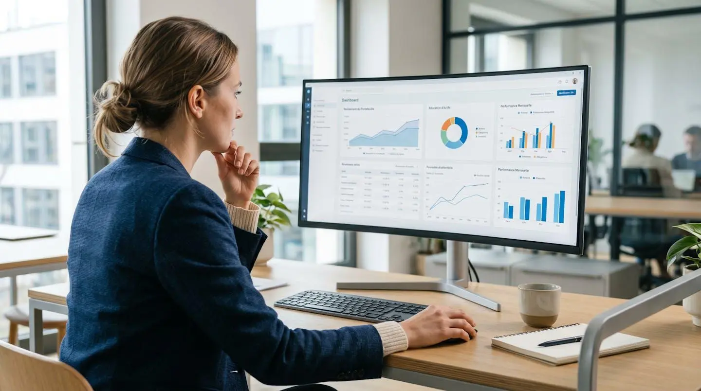 Une responsable financière vue de dos consulte un tableau de bord de trésorerie sur un écran d'ordinateur dans un bureau moderne lumineux