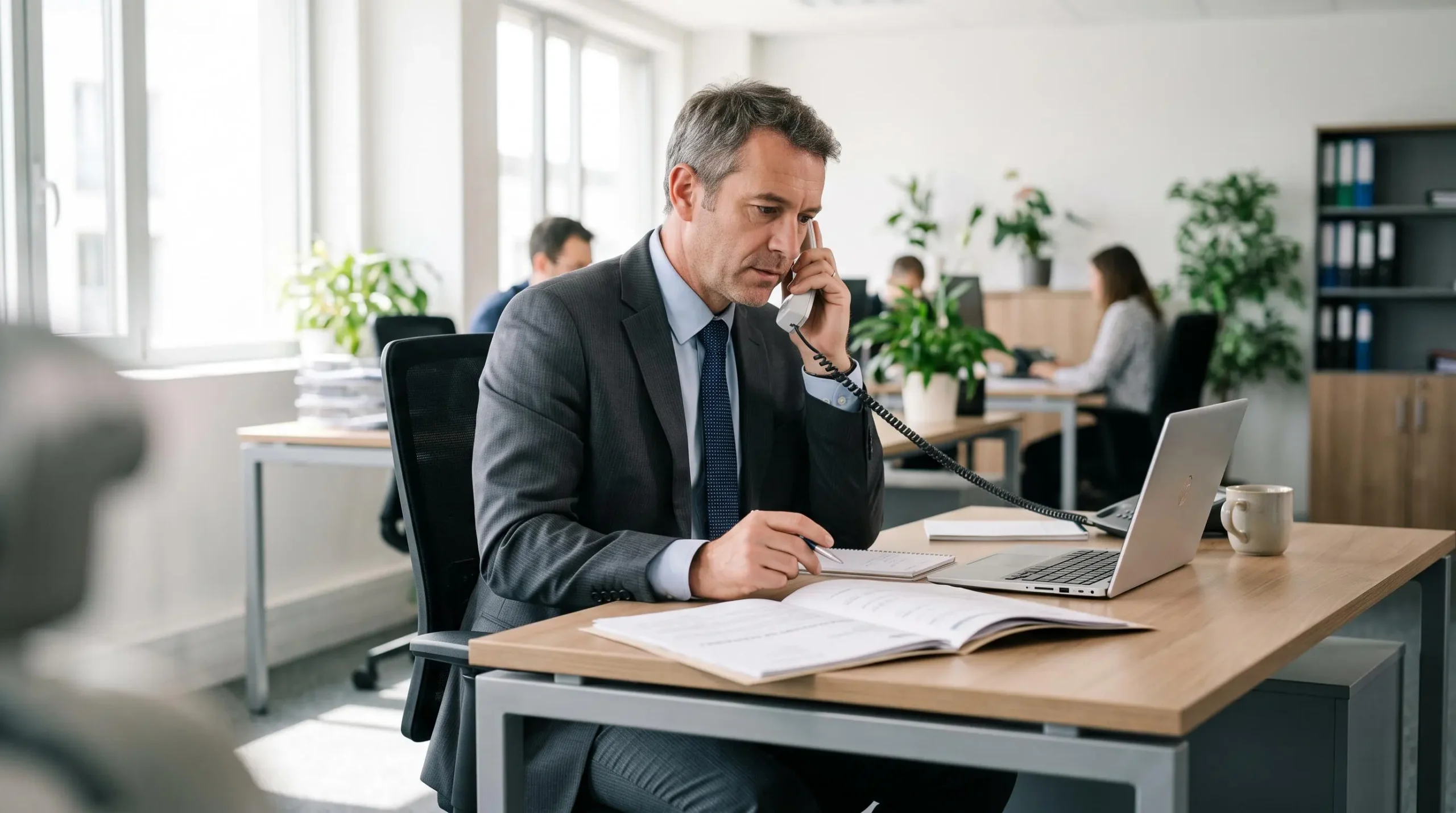 Professionnel du recouvrement au téléphone menant une conversation de médiation amiable avec dossier client ouvert devant lui