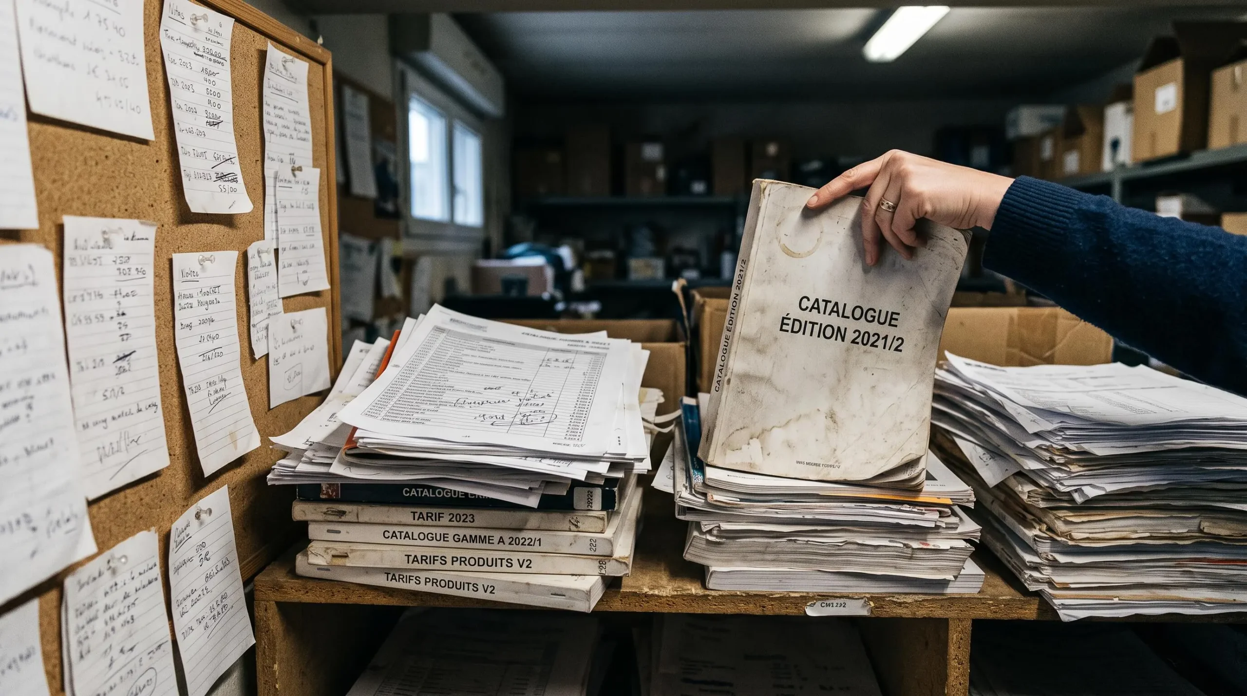 Des catalogues produits imprimés en plusieurs versions s'empilent sur une étagère de bureau.