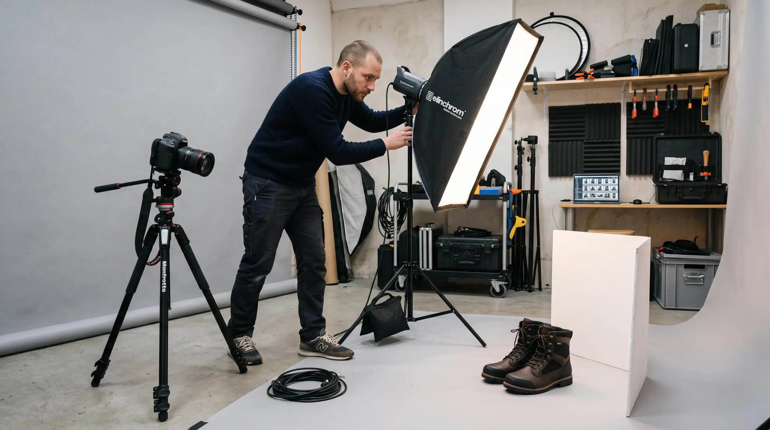 Un photographe règle un éclairage de studio au-dessus d'une paire de bottes en préparation d'un shooting produit.