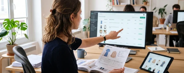Une responsable produit compare une fiche produit imprimée avec les données affichées sur son écran dans un bureau.