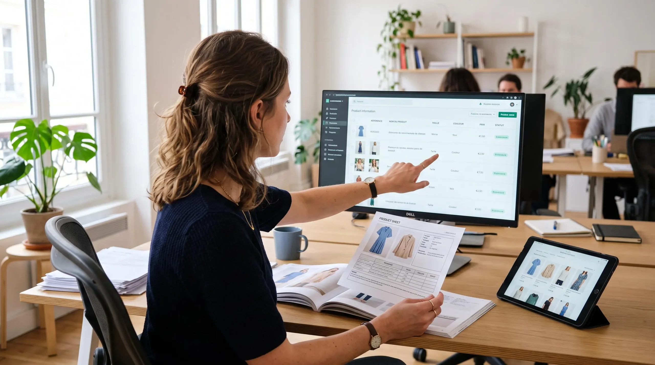 Une responsable produit compare une fiche produit imprimée avec les données affichées sur son écran dans un bureau.