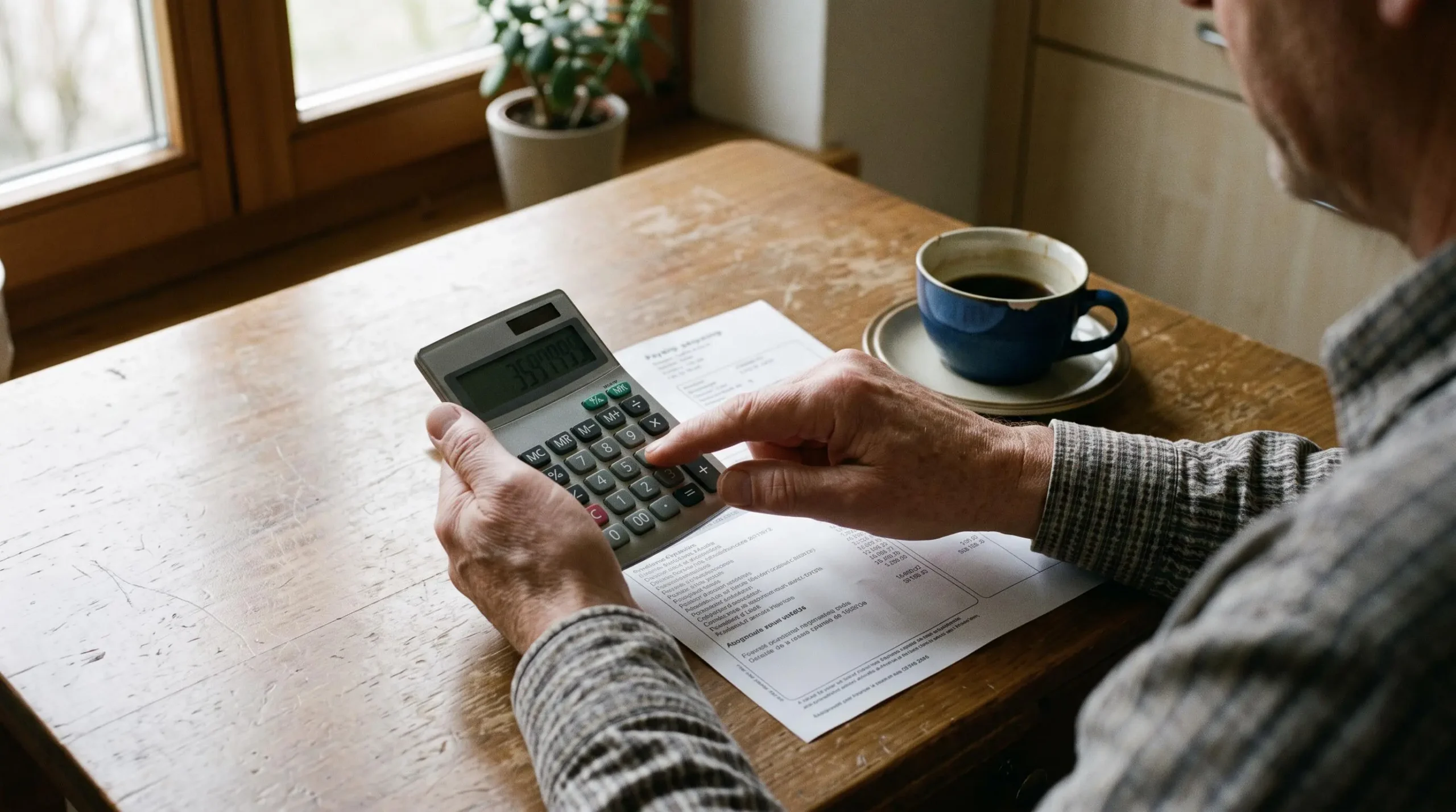 Un homme calcule son salaire net à partir d'une fiche de paie sur une table.