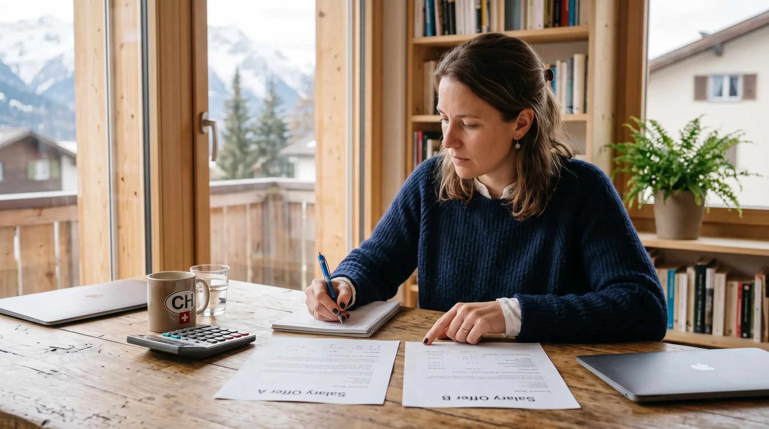 Une femme compare deux propositions de salaire imprimées à son bureau en Suisse.